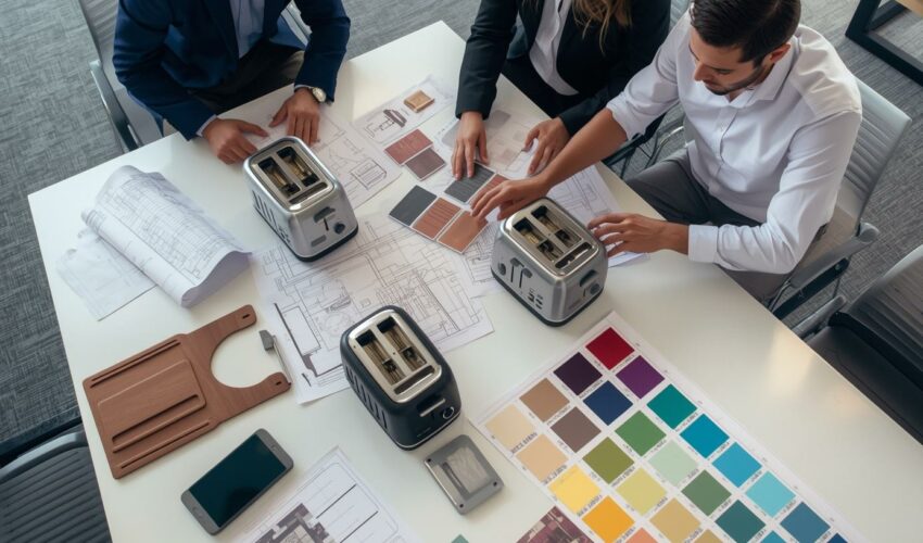Une réunion professionnelle de 3 personnes (1 homme et 2 femmes) autour d'une table avec 3 prototypes de grille-pain, des dessins techniques et un nuancier de plusieurs plaques de métal d Une réunion professionnelle de 3 personnes (1 homme et 2 femmes) autour d'une table avec 3 prototypes de grille-pain, des dessins techniques et un nuancier de plusieurs plaques de métal d
