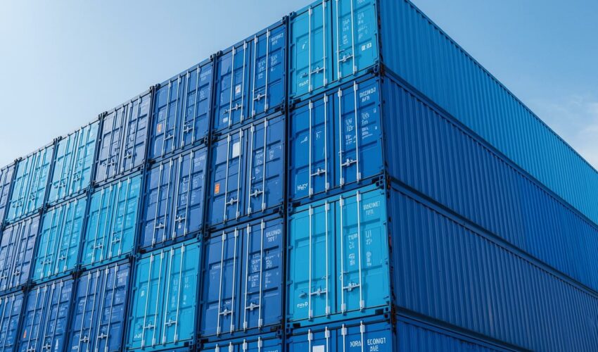 des containers maritimes de différents tons bleus posés les uns sur les autres des containers maritimes de différents tons bleus posés les uns sur les autres