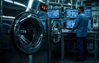 un lave-linge en fin de ligne de fabrication et un ouvrier derrière un écran de contrôle un lave-linge en fin de ligne de fabrication et un ouvrier derrière un écran de contrôle